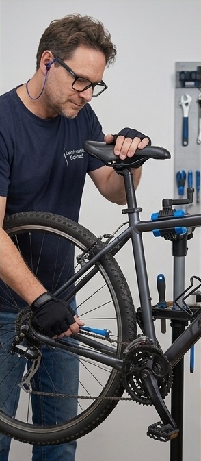 Benjamin Schmidt bei der Fahrradreparatur in der Werkstatt von ServiceWerk Schmidt in Ulm