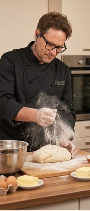 Benjamin Schmidt beim Teigkneten für Herr Edeltrauts Gastro Service und Catering in Ulm